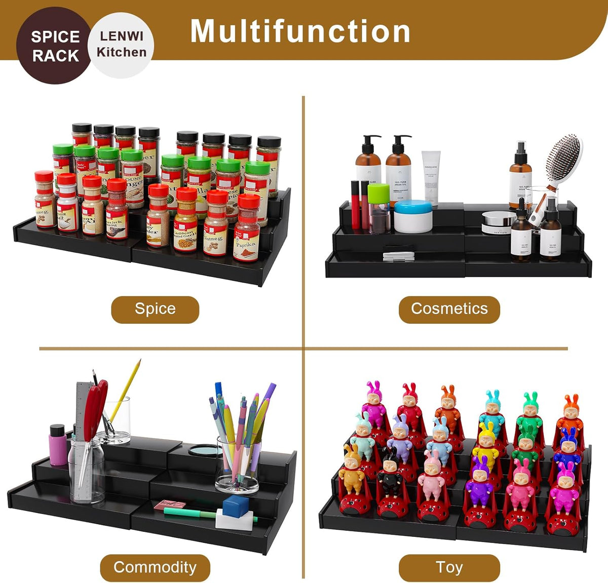 Spice Rack Organizer for Cabinet, 3 Tier Expandable Bamboo Spice Storage for Kitchen Cupboard Pantry