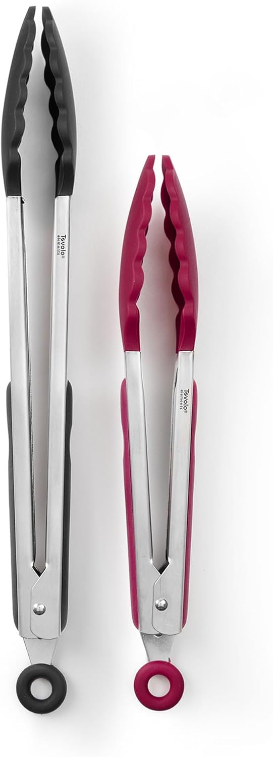 Stainless Steel Tongs with Silicone Tip Set 9" 12" with Easy Lock Mechanism for Grilling Air Fryer Cooking Serving Salad, Heat Resistant Silicone Tipped Kitchen Tongs Sangria Red Black