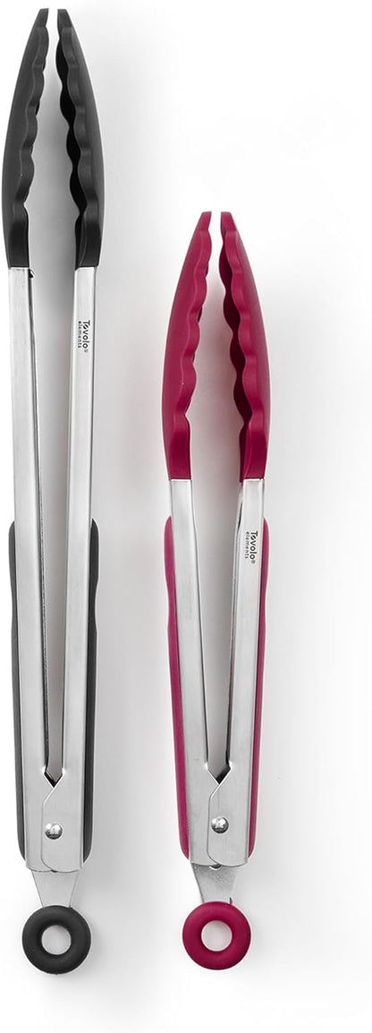Stainless Steel Tongs with Silicone Tip Set 9" 12" with Easy Lock Mechanism for Grilling Air Fryer Cooking Serving Salad, Heat Resistant Silicone Tipped Kitchen Tongs Sangria Red Black