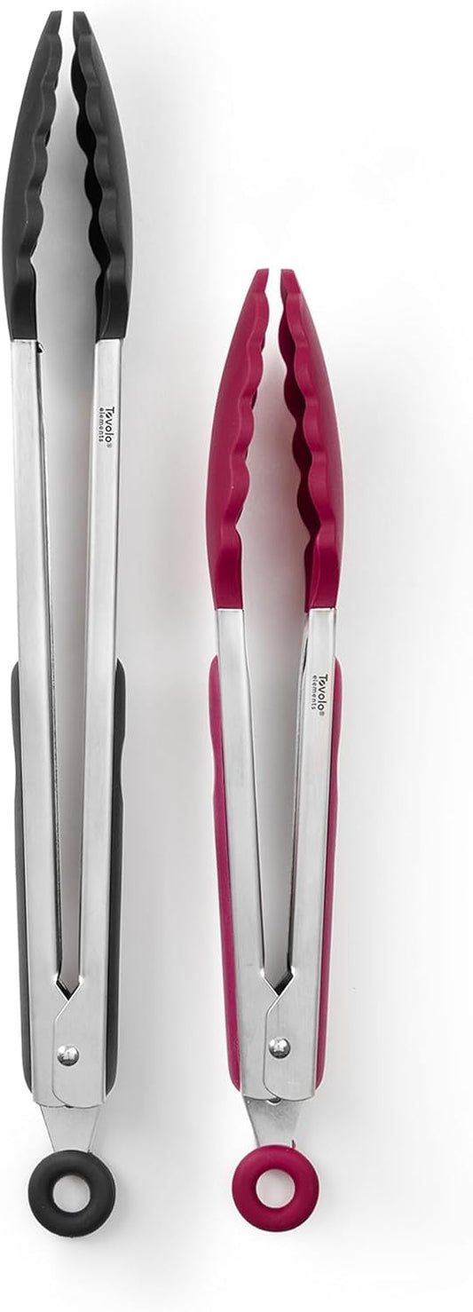 Stainless Steel Tongs with Silicone Tip Set 9" 12" with Easy Lock Mechanism for Grilling Air Fryer Cooking Serving Salad, Heat Resistant Silicone Tipped Kitchen Tongs Sangria Red Black