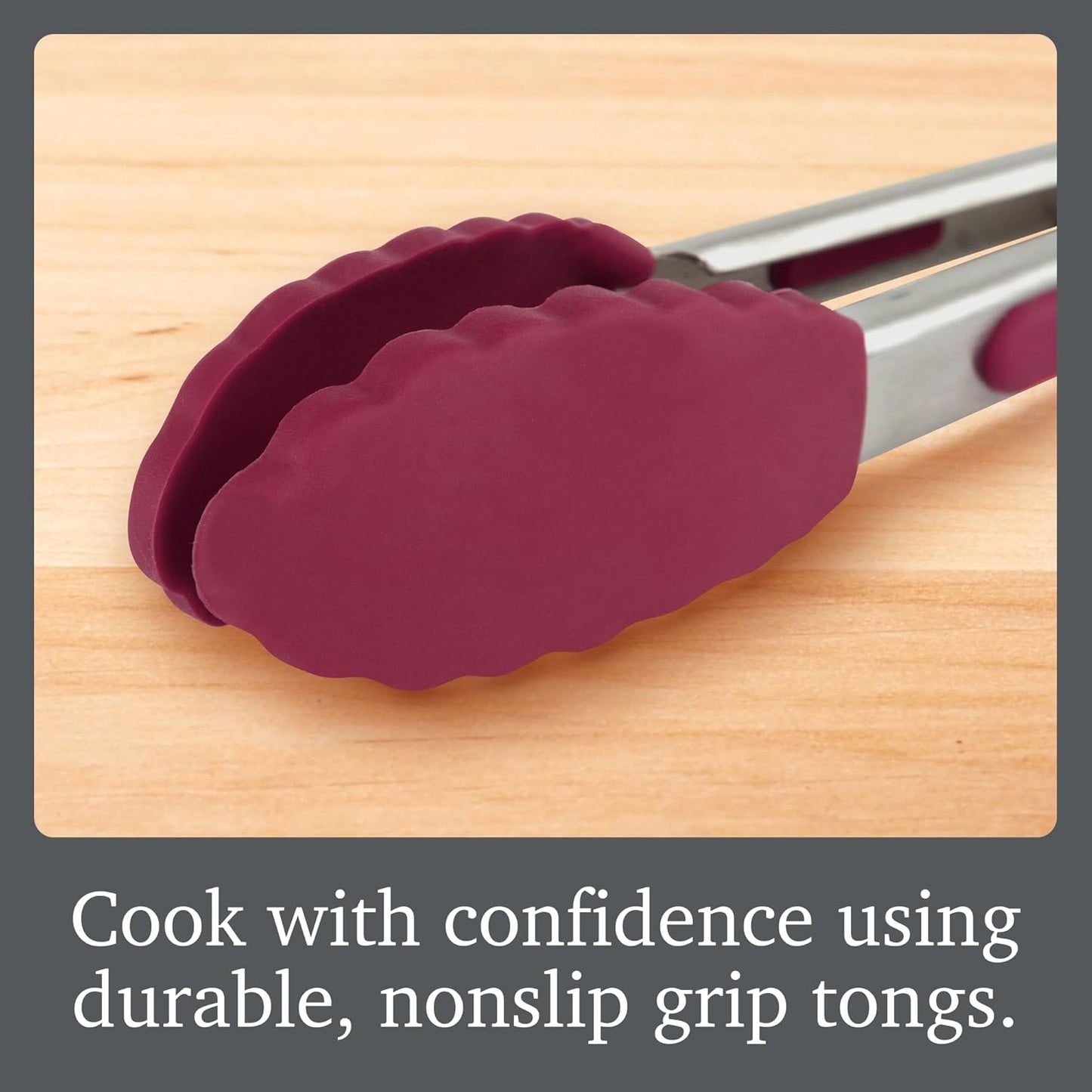 Stainless Steel Tongs with Silicone Tip Set 9" 12" with Easy Lock Mechanism for Grilling Air Fryer Cooking Serving Salad, Heat Resistant Silicone Tipped Kitchen Tongs Sangria Red Black