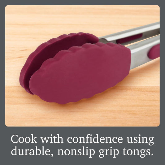 Stainless Steel Tongs with Silicone Tip Set 9" 12" with Easy Lock Mechanism for Grilling Air Fryer Cooking Serving Salad, Heat Resistant Silicone Tipped Kitchen Tongs Sangria Red Black