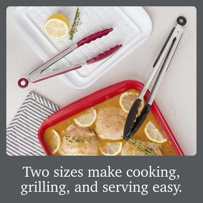 Stainless Steel Tongs with Silicone Tip Set 9" 12" with Easy Lock Mechanism for Grilling Air Fryer Cooking Serving Salad, Heat Resistant Silicone Tipped Kitchen Tongs Sangria Red Black