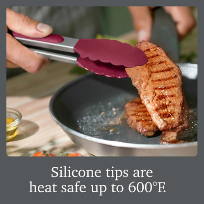 Stainless Steel Tongs with Silicone Tip Set 9" 12" with Easy Lock Mechanism for Grilling Air Fryer Cooking Serving Salad, Heat Resistant Silicone Tipped Kitchen Tongs Sangria Red Black