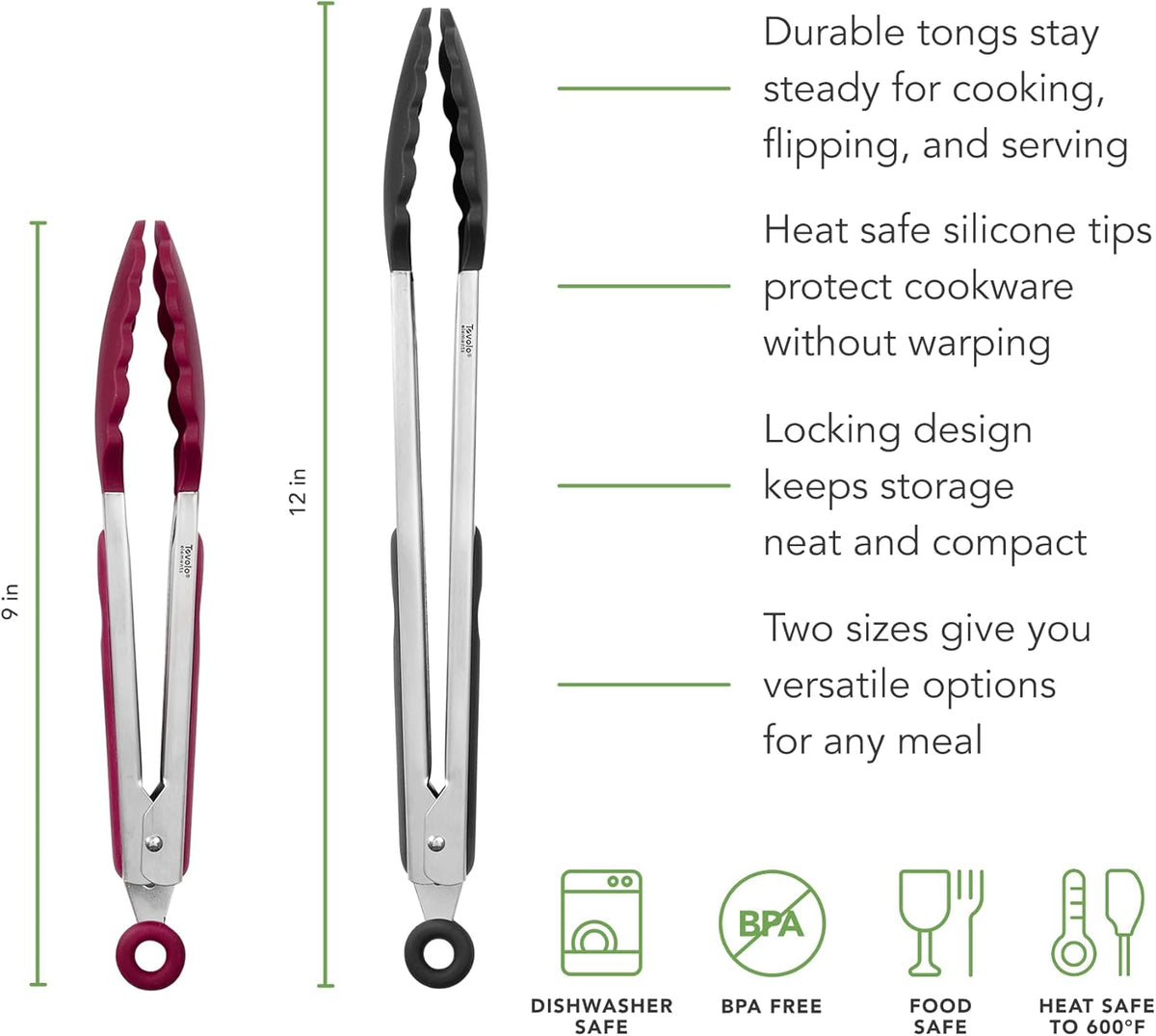 Stainless Steel Tongs with Silicone Tip Set 9" 12" with Easy Lock Mechanism for Grilling Air Fryer Cooking Serving Salad, Heat Resistant Silicone Tipped Kitchen Tongs Sangria Red Black