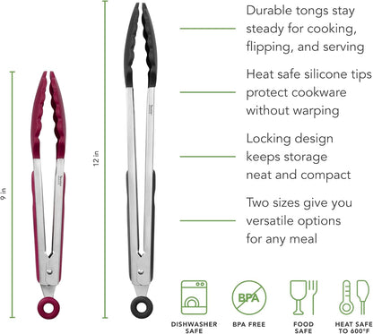 Stainless Steel Tongs with Silicone Tip Set 9" 12" with Easy Lock Mechanism for Grilling Air Fryer Cooking Serving Salad, Heat Resistant Silicone Tipped Kitchen Tongs Sangria Red Black