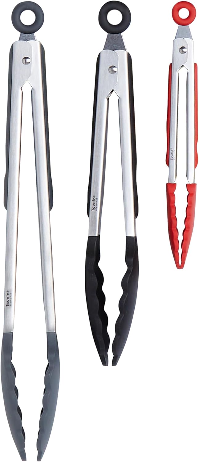 Stainless Steel Tongs with Silicone Tip Set 9" 12" with Easy Lock Mechanism for Grilling Air Fryer Cooking Serving Salad, Heat Resistant Silicone Tipped Kitchen Tongs Sangria Red Black