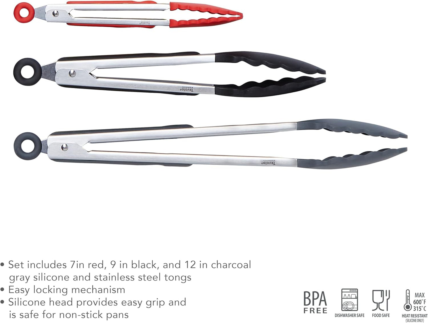 Stainless Steel Tongs with Silicone Tip Set 9" 12" with Easy Lock Mechanism for Grilling Air Fryer Cooking Serving Salad, Heat Resistant Silicone Tipped Kitchen Tongs Sangria Red Black