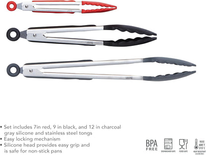 Stainless Steel Tongs with Silicone Tip Set 9" 12" with Easy Lock Mechanism for Grilling Air Fryer Cooking Serving Salad, Heat Resistant Silicone Tipped Kitchen Tongs Sangria Red Black