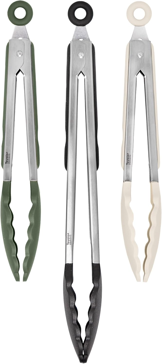 Stainless Steel Tongs with Silicone Tip Set 9" 12" with Easy Lock Mechanism for Grilling Air Fryer Cooking Serving Salad, Heat Resistant Silicone Tipped Kitchen Tongs Sangria Red Black