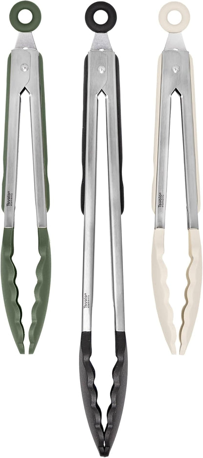 Stainless Steel Tongs with Silicone Tip Set 9" 12" with Easy Lock Mechanism for Grilling Air Fryer Cooking Serving Salad, Heat Resistant Silicone Tipped Kitchen Tongs Sangria Red Black