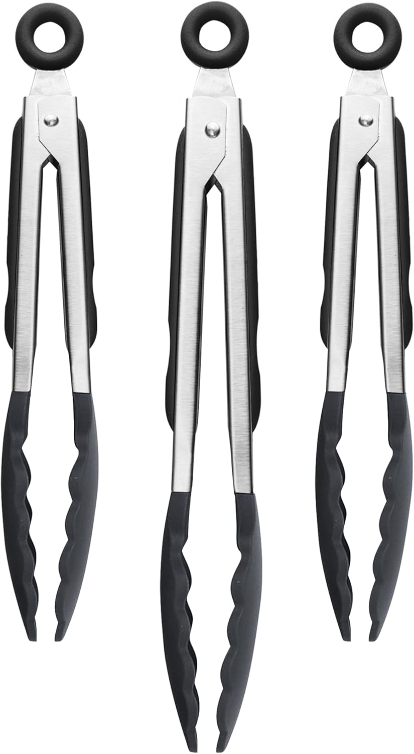 Stainless Steel Tongs with Silicone Tip Set 9" 12" with Easy Lock Mechanism for Grilling Air Fryer Cooking Serving Salad, Heat Resistant Silicone Tipped Kitchen Tongs Sangria Red Black