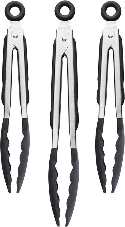 Stainless Steel Tongs with Silicone Tip Set 9" 12" with Easy Lock Mechanism for Grilling Air Fryer Cooking Serving Salad, Heat Resistant Silicone Tipped Kitchen Tongs Sangria Red Black