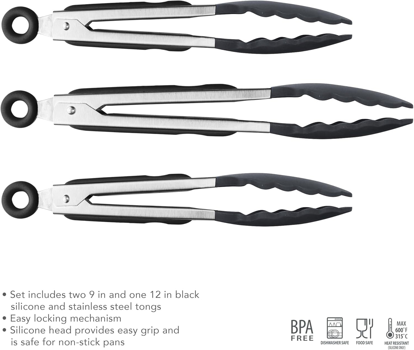 Stainless Steel Tongs with Silicone Tip Set 9" 12" with Easy Lock Mechanism for Grilling Air Fryer Cooking Serving Salad, Heat Resistant Silicone Tipped Kitchen Tongs Sangria Red Black