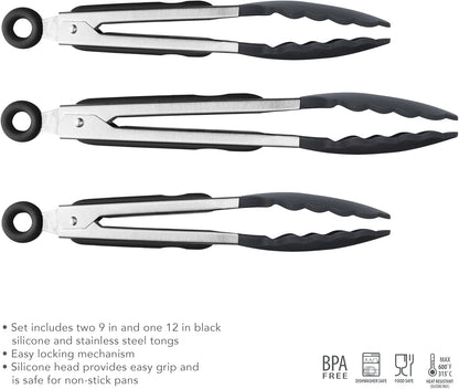 Stainless Steel Tongs with Silicone Tip Set 9" 12" with Easy Lock Mechanism for Grilling Air Fryer Cooking Serving Salad, Heat Resistant Silicone Tipped Kitchen Tongs Sangria Red Black