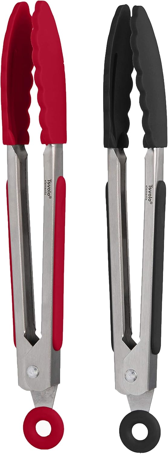 Stainless Steel Tongs with Silicone Tip Set 9" 12" with Easy Lock Mechanism for Grilling Air Fryer Cooking Serving Salad, Heat Resistant Silicone Tipped Kitchen Tongs Sangria Red Black
