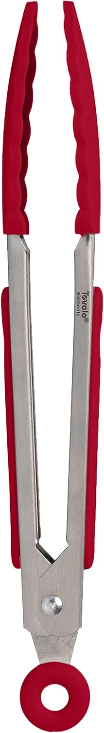 Stainless Steel Tongs with Silicone Tip Set 9" 12" with Easy Lock Mechanism for Grilling Air Fryer Cooking Serving Salad, Heat Resistant Silicone Tipped Kitchen Tongs Sangria Red Black