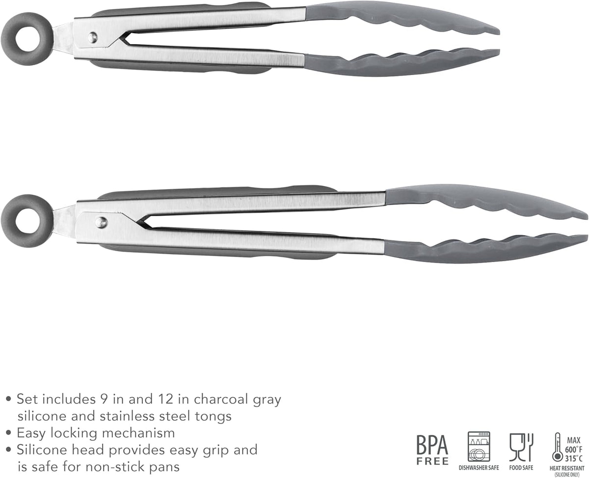 Stainless Steel Tongs with Silicone Tip Set 9" 12" with Easy Lock Mechanism for Grilling Air Fryer Cooking Serving Salad, Heat Resistant Silicone Tipped Kitchen Tongs Sangria Red Black