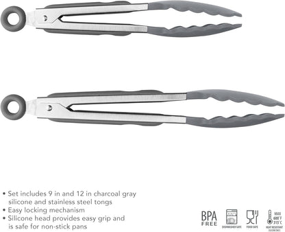 Stainless Steel Tongs with Silicone Tip Set 9" 12" with Easy Lock Mechanism for Grilling Air Fryer Cooking Serving Salad, Heat Resistant Silicone Tipped Kitchen Tongs Sangria Red Black