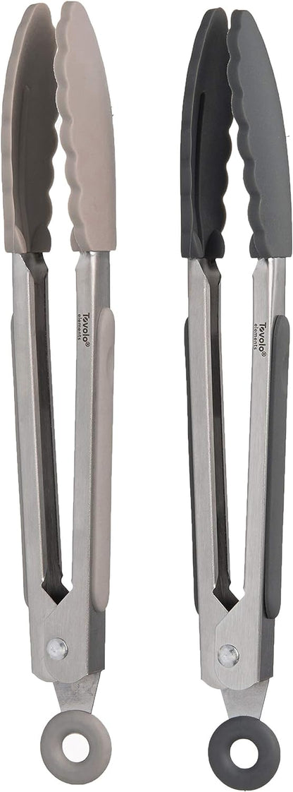 Stainless Steel Tongs with Silicone Tip Set 9" 12" with Easy Lock Mechanism for Grilling Air Fryer Cooking Serving Salad, Heat Resistant Silicone Tipped Kitchen Tongs Sangria Red Black