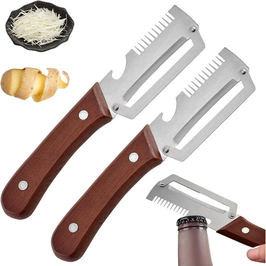 Vegetable Peeler with Wooden Handle and Bottle Opener,Stainless Steel Julienne Peeler,Multi Functional Kitchen Gadgets for Apple Fruit Orange Potato Carrot Pumpkin Papaya (2)