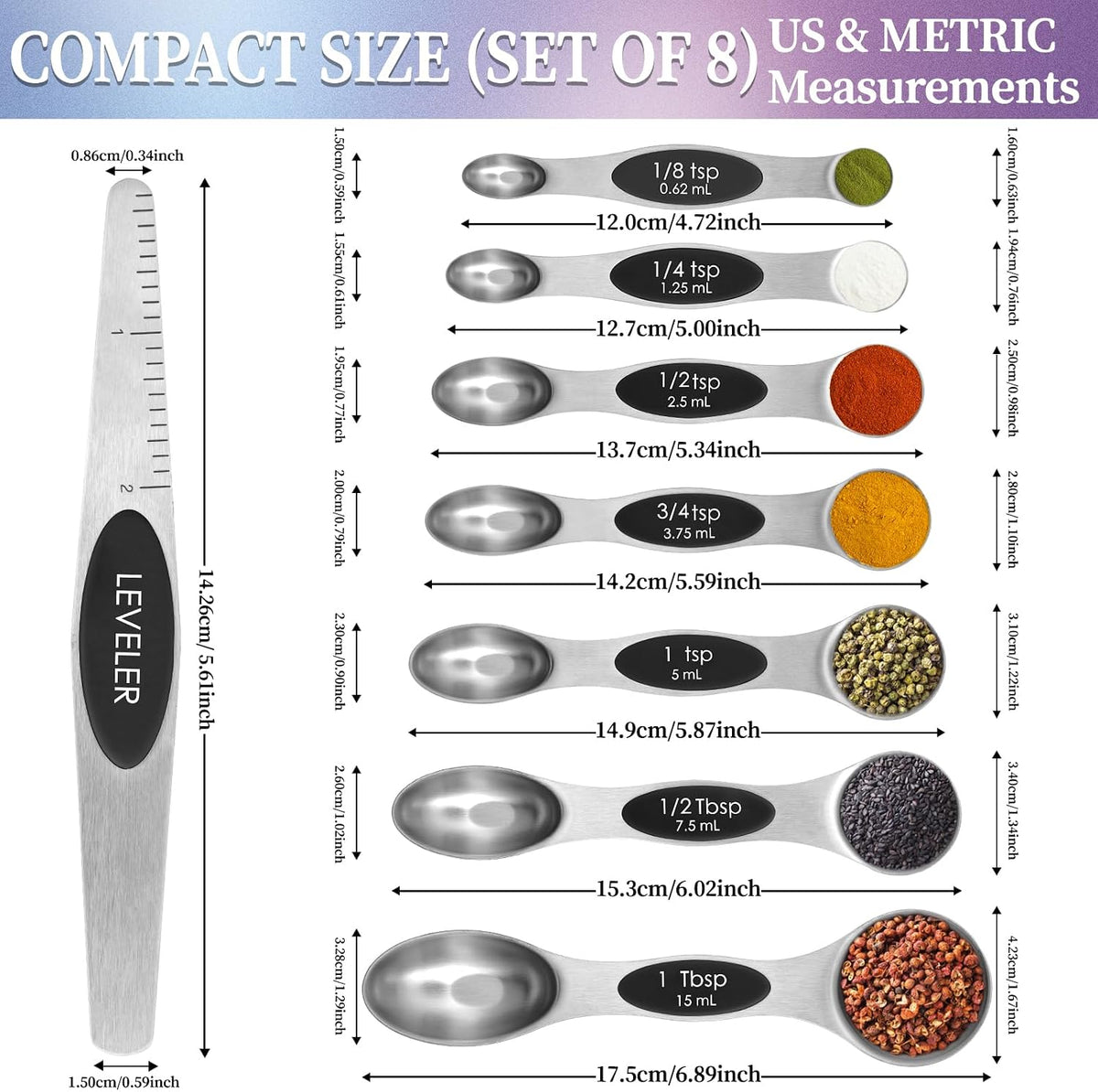 Magnetic Measuring Spoons Set of 8 with Leveler, Stainless Steel Metal Measuring Spoon, Dual Sided for Measuring Dry and Liquid Ingredients, Teaspoon Tablespoon Measure Spoons (Multicolor)