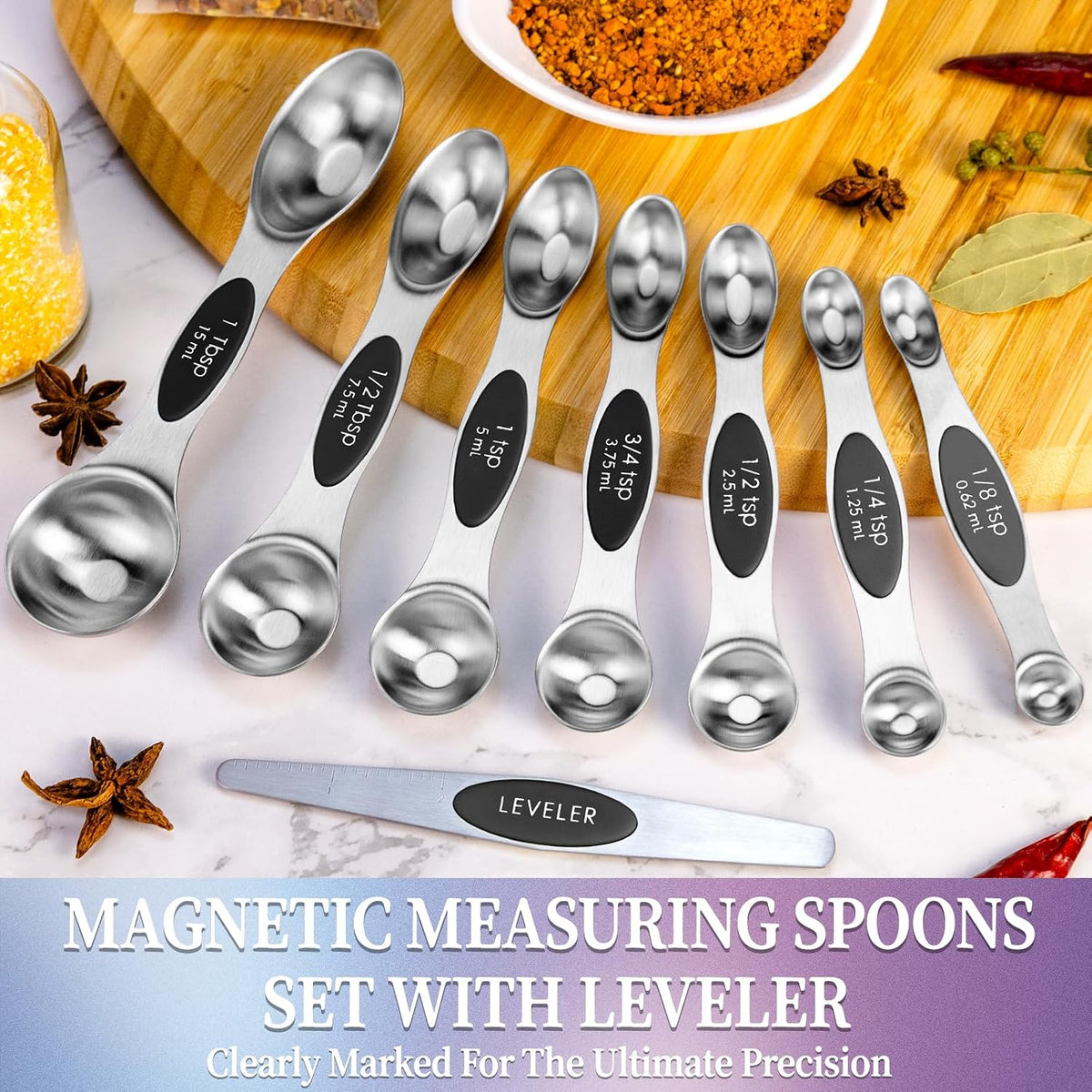 Magnetic Measuring Spoons Set of 8 with Leveler, Stainless Steel Metal Measuring Spoon, Dual Sided for Measuring Dry and Liquid Ingredients, Teaspoon Tablespoon Measure Spoons (Multicolor)