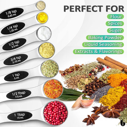 8 Pcs Upgraded Magnetic Measuring Spoons Set Stainless Steel Dual Sided for Liquid Dry Food Measuring Cups Spoons Set Fits in Spice Jar Kitchen Gadgets Including Leveler, Silver