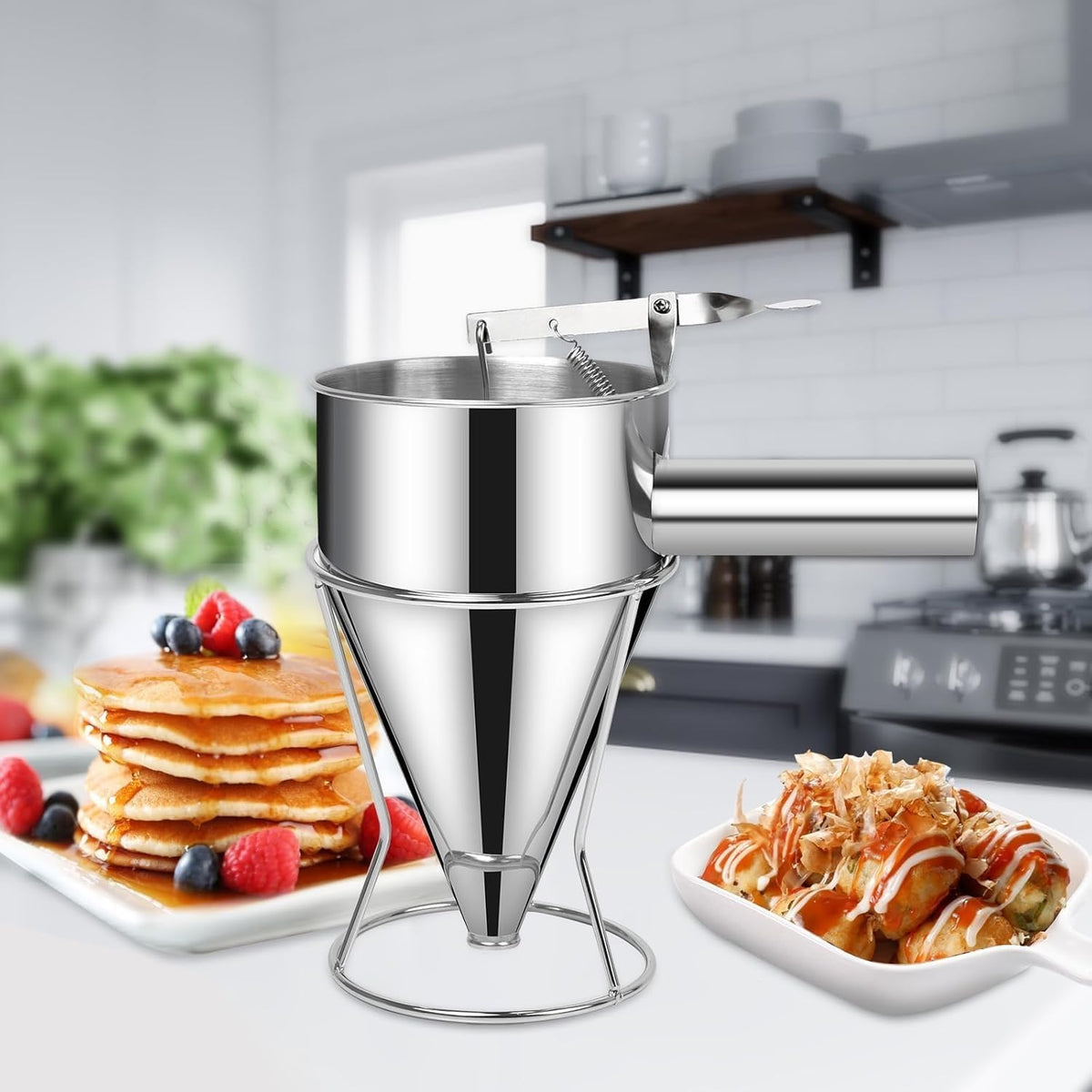 Multi-Caliber Pancake Batter Dispenser, Stainless Steel Funnel Cake Dispenser, Piston Funnel Cake Maker for Pancakes, Cupcakes,Crepes,Muffin,Waffles, Chocolate Balls (1200)
