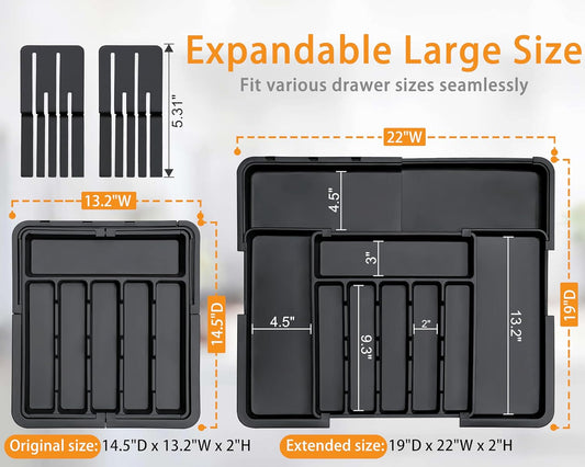 Silverware Organizer - Expandable Large Kitchen Drawer Organizer Utensil Organizer with 2 Removable Knife Blocks, 22"x 19"Cutlery Tray Drawer Dividers for Kitchen Flatware(6-9 Slots) (Black)