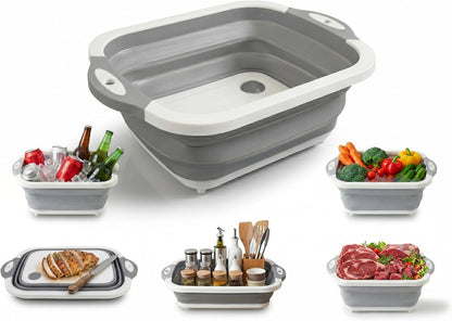 Collapsible Cutting Board & Wash Basin – 3-in-1 Foldable Kitchen Sink with Drain Plug – Portable Dish Tub for Kitchen & Camping