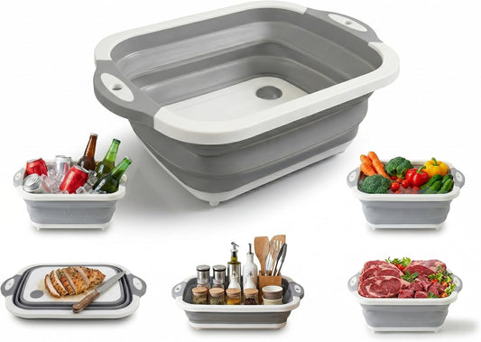 Collapsible Cutting Board & Wash Basin – 3-in-1 Foldable Kitchen Sink with Drain Plug – Portable Dish Tub for Kitchen & Camping