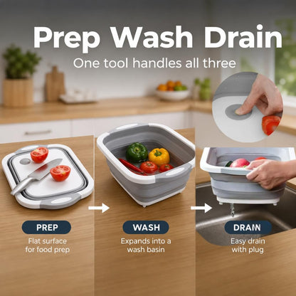 Collapsible Cutting Board & Wash Basin – 3-in-1 Foldable Kitchen Sink with Drain Plug – Portable Dish Tub for Kitchen & Camping