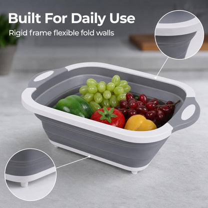 Collapsible Cutting Board & Wash Basin – 3-in-1 Foldable Kitchen Sink with Drain Plug – Portable Dish Tub for Kitchen & Camping