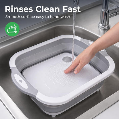 Collapsible Cutting Board & Wash Basin – 3-in-1 Foldable Kitchen Sink with Drain Plug – Portable Dish Tub for Kitchen & Camping