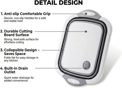 Collapsible Cutting Board & Wash Basin – 3-in-1 Foldable Kitchen Sink with Drain Plug – Portable Dish Tub for Kitchen & Camping