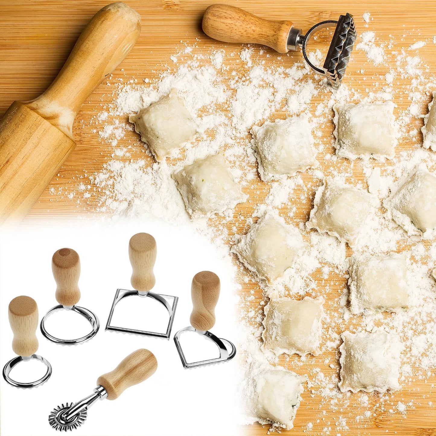 Ravioli Stamp Maker Cutter with Roller Wheel Set – Wood Handle, Sturdy Aluminum Frame, Precise Fluted Edges – Perfect for Ravioli, Pasta, Cookies