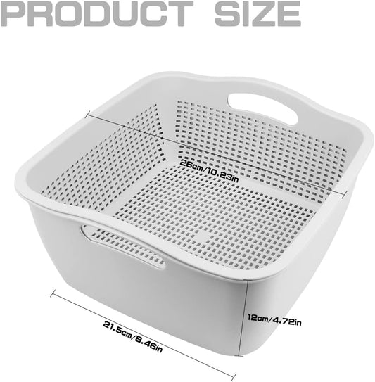 Double-layer Draining Basket Plastic Fruits Vegetable Washing Basket Food Storage Basket Multi-layer Stackable Vegetable Sinks Wash Drain Basket for Kitchen （Grey）