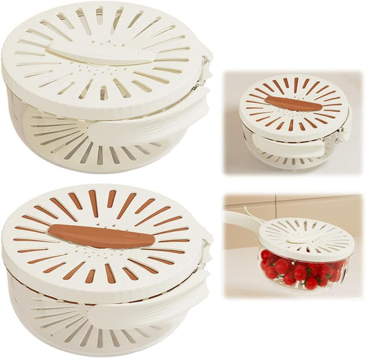 Multifunctional Fruit and Vegetable Washing Bowl, 2 In 1 Sealing Drainer Drain Basket, Fruit Drainer Container with Foldable Handle, Kitchen Sink Drain Basket for Vegetable Washing (White+Brown)