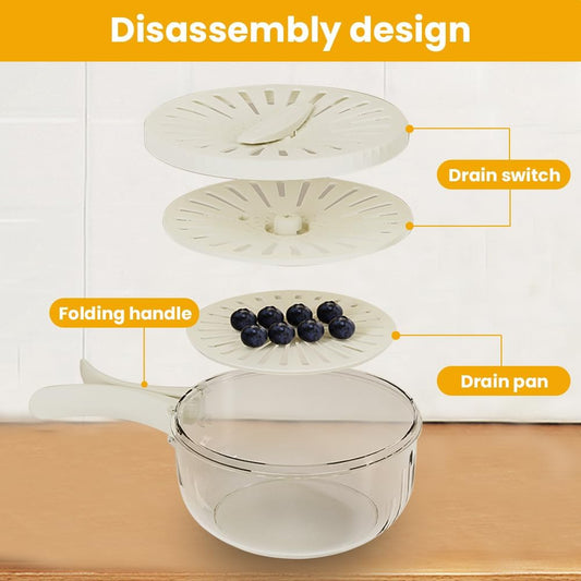 Multifunctional Fruit and Vegetable Washing Bowl, 2 In 1 Sealing Drainer Drain Basket, Fruit Drainer Container with Foldable Handle, Kitchen Sink Drain Basket for Vegetable Washing (White+Brown)