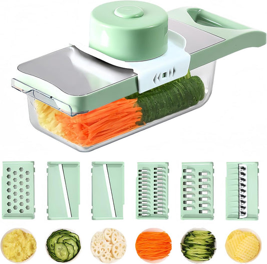 Vegetable Chopper, Mandoline Food Slicer Cutter with Handheld Container, 6 Blades and Blade Box, Cucumber Slicer, Magnetic Kitchen Tools for Veggie Potato Onion Carrot (Green(No magnet), 8 in 1)