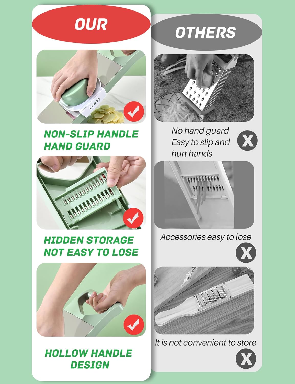 Vegetable Chopper, Mandoline Food Slicer Cutter with Handheld Container, 6 Blades and Blade Box, Cucumber Slicer, Magnetic Kitchen Tools for Veggie Potato Onion Carrot (Green(No magnet), 8 in 1)