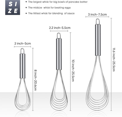 3 Pcs Flat Whisk Set Stainless Steel Flat Wire Whisk 8, 10, 11.6 In