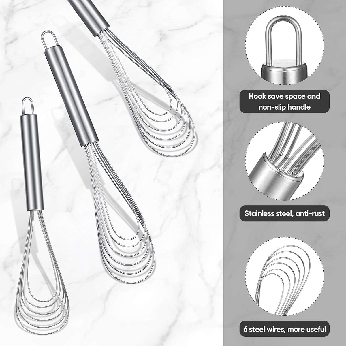 3 Pcs Flat Whisk Set Stainless Steel Flat Wire Whisk 8, 10, 11.6 In