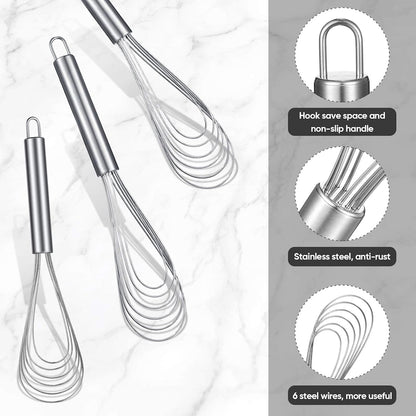 3 Pcs Flat Whisk Set Stainless Steel Flat Wire Whisk 8, 10, 11.6 In