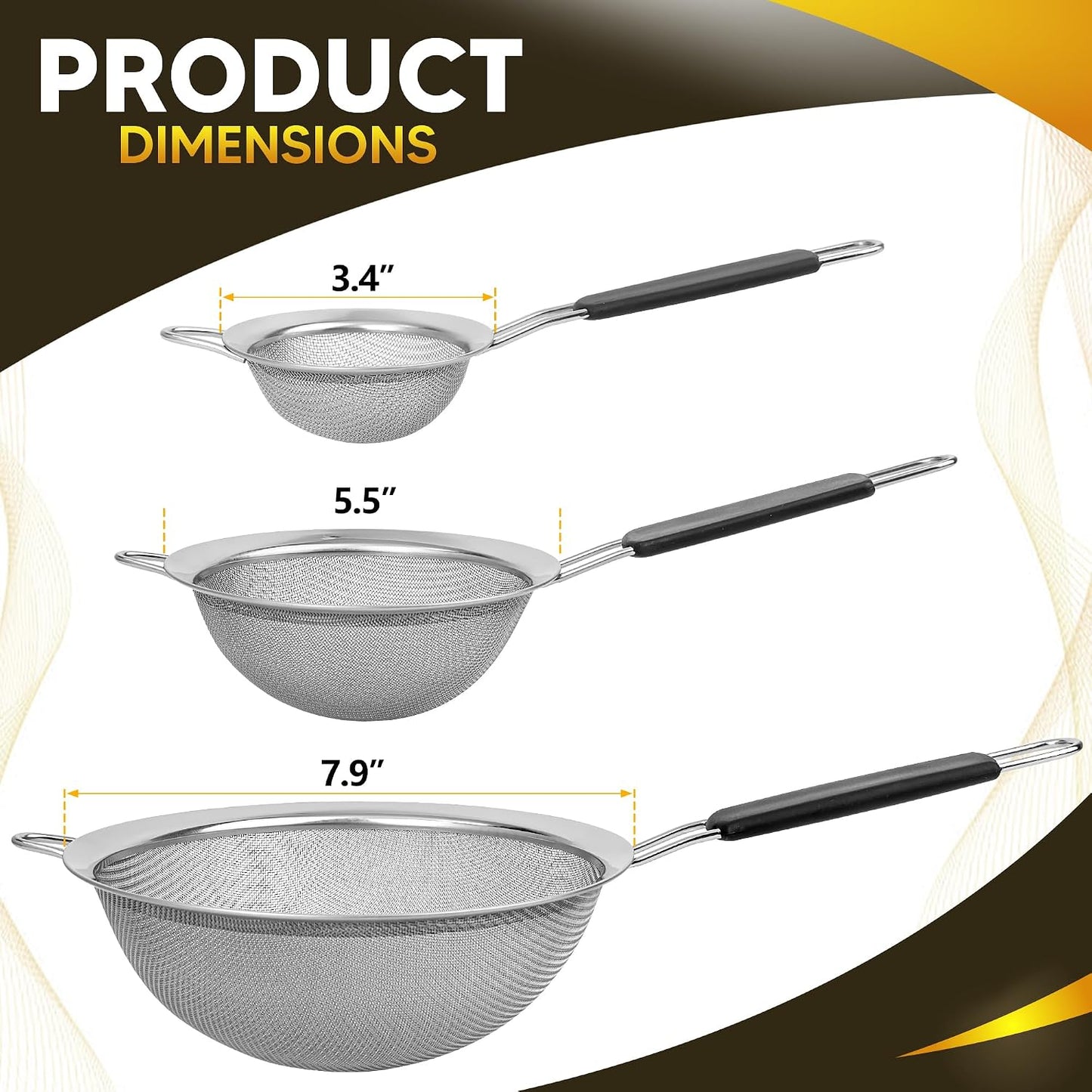 Set of 3 Fine Mesh Strainers for Kitchen | 3.4 inch, 5.5 inch and 7.9 inch Stainless Steel Strainer