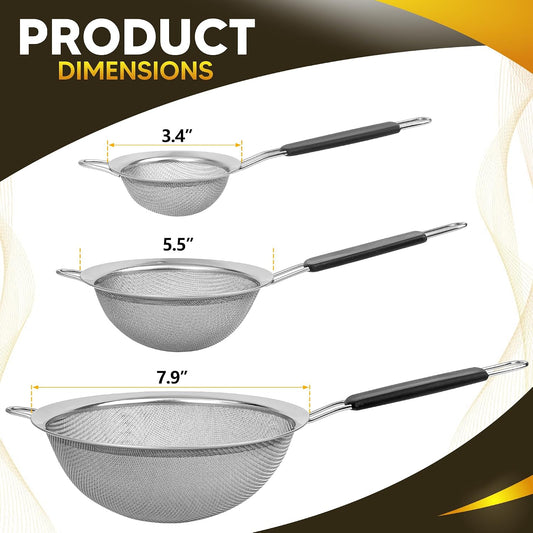 Set of 3 Fine Mesh Strainers for Kitchen | 3.4 inch, 5.5 inch and 7.9 inch Stainless Steel Strainer