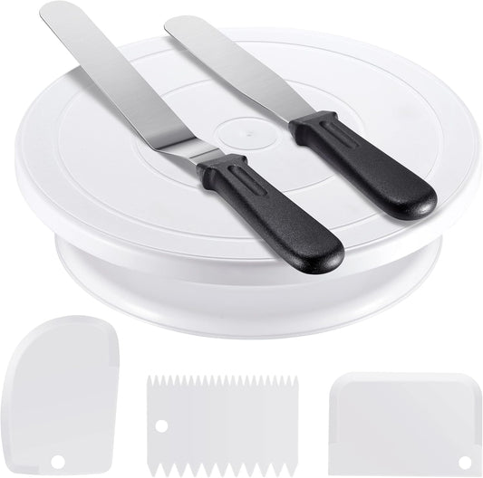 Cake Decorating Kit Baking Supplies Set Cake Turntable with 2 Frosting Straight Angled Spatula 3 Icing Smoother Scrapers Baking Accessories Tools for Beginners and Pros, Mother's Day, White