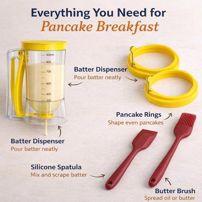 Pancake Batter Dispenser Kit with Pancake Rings, Silicone Spatula Butter Brush, Batter Dispenser Pancake Dispenser for Perfect Pancakes, Cupcake Batter Dispenser, Easy No-Mess Family Breakfast Set