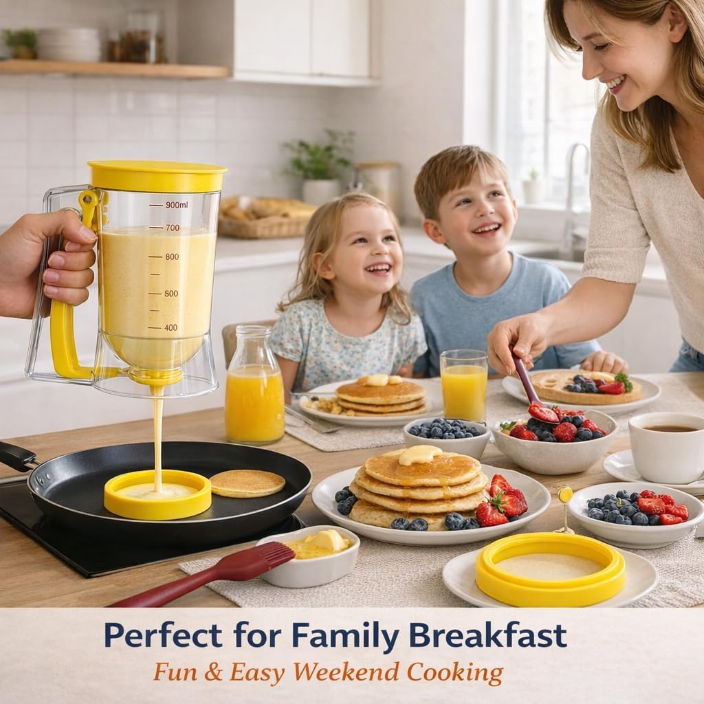 Pancake Batter Dispenser Kit with Pancake Rings, Silicone Spatula Butter Brush, Batter Dispenser Pancake Dispenser for Perfect Pancakes, Cupcake Batter Dispenser, Easy No-Mess Family Breakfast Set